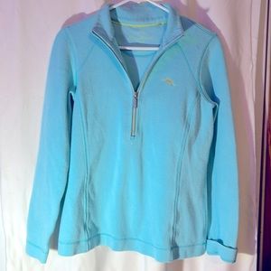 Tommy Bahamas sea blue 3/4 zip pullover with dolphin on front lapel.